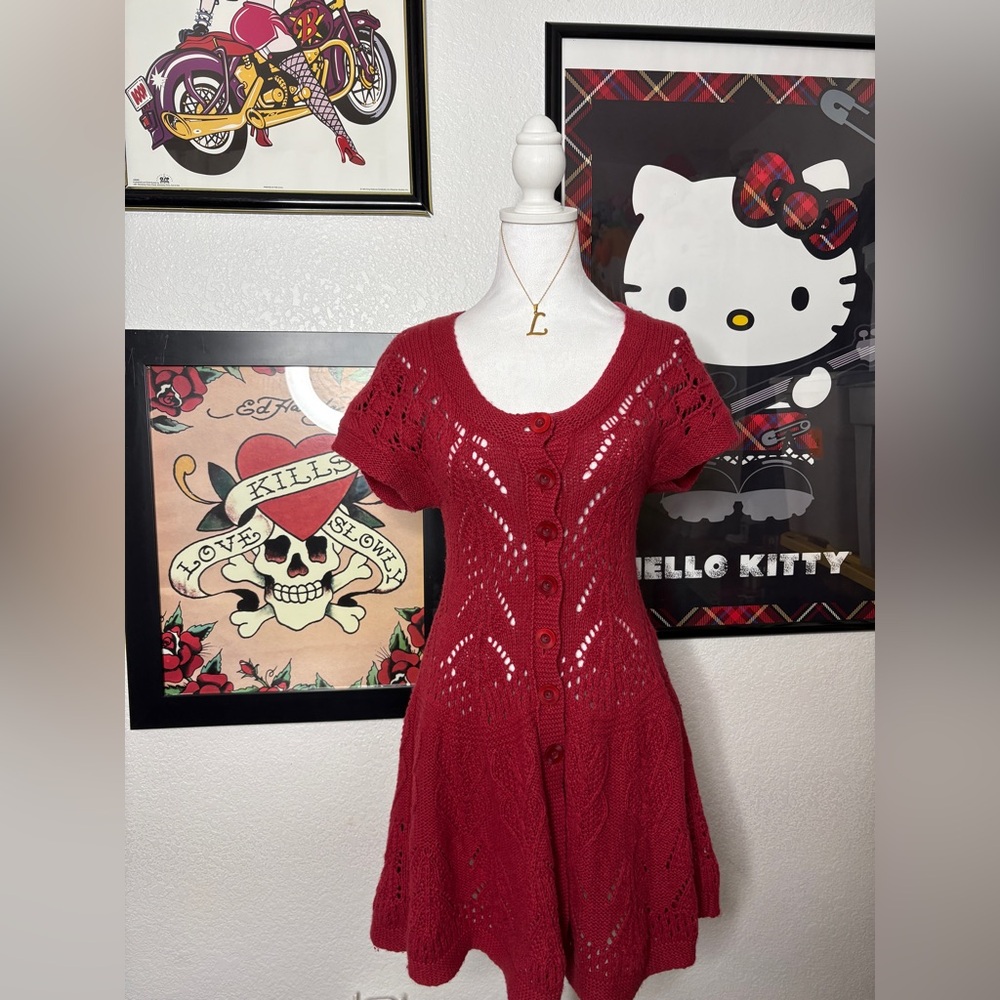 Sparrow Red Crochet Knit Button Front Cardigan Dress Fall Cottagecore Romantic